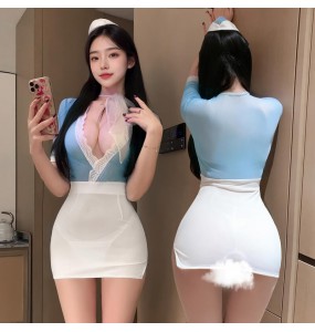 FEE ET MOI - Sweet Airways Deep V Bodycon Stewardess Outfit (Blue - White)